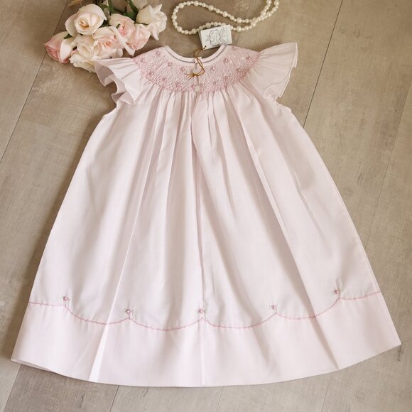 Pink Smocked Dress Pearl Flower Fly Sleeve Bishop Feltman Brothers NWT - Picture 3 of 5